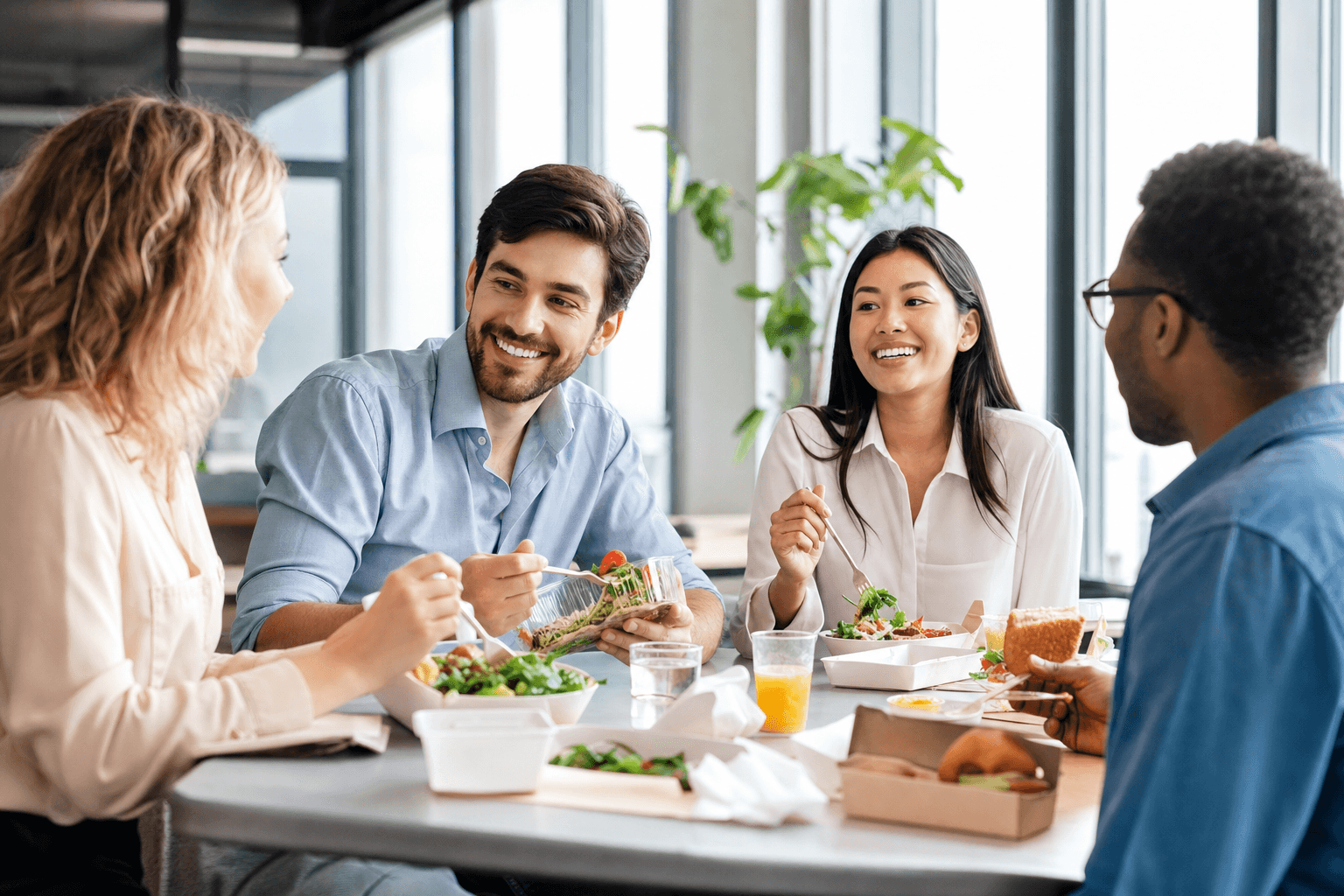 Colleagues sharing a meal together around an office table