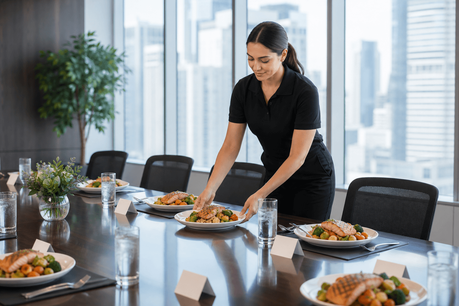 Conference room set with plated corporate catering lunches ready for a meeting
