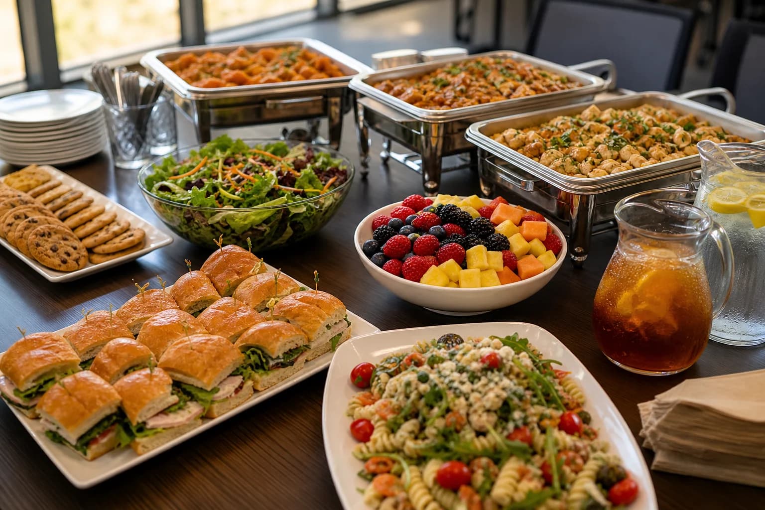 Office lunch catering spread with salads, sandwiches, and warm dishes