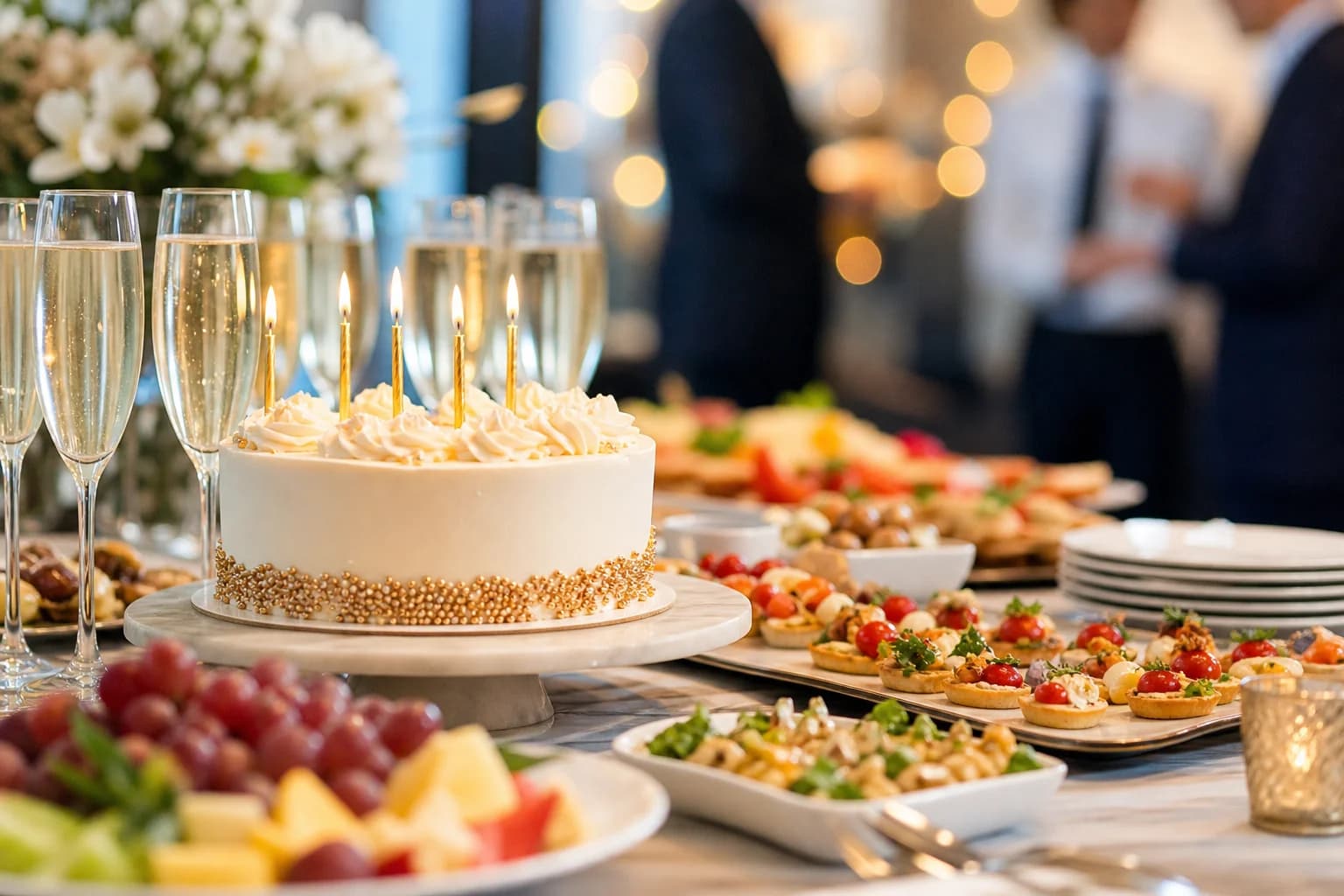 Celebration catering with cake and festive appetizers