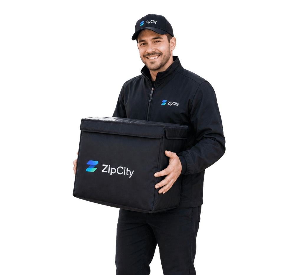 ZipCity driver with delivery bag beside a vehicle