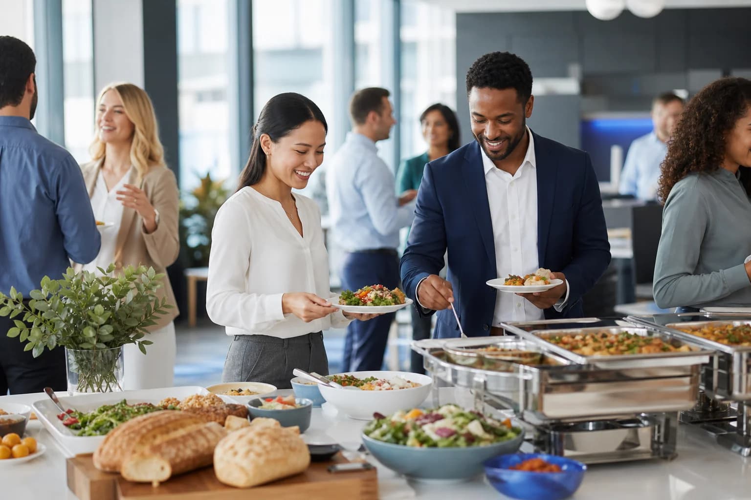 Professionals enjoying a thoughtfully planned workplace catering spread