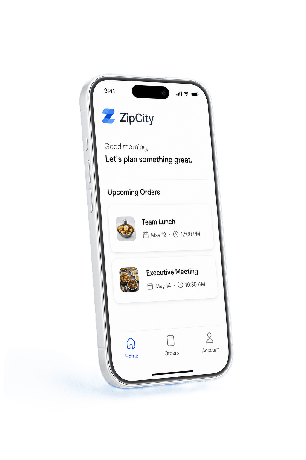 3D mockup of the ZipCity mobile app showing upcoming workplace catering orders