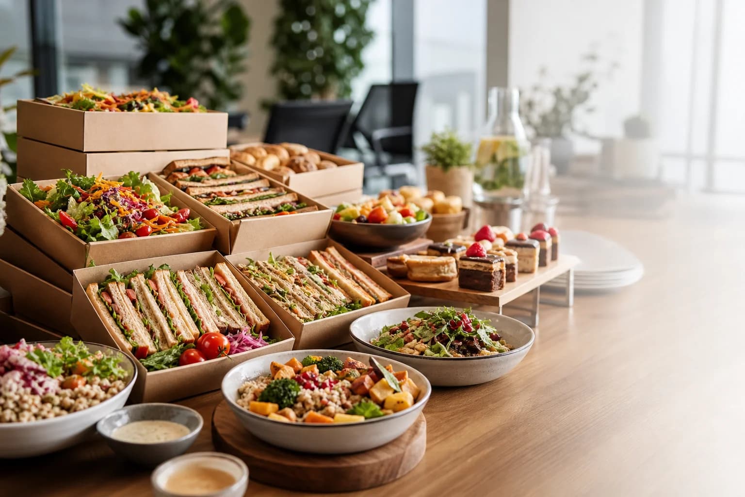 Corporate catering spread prepared for a workplace event